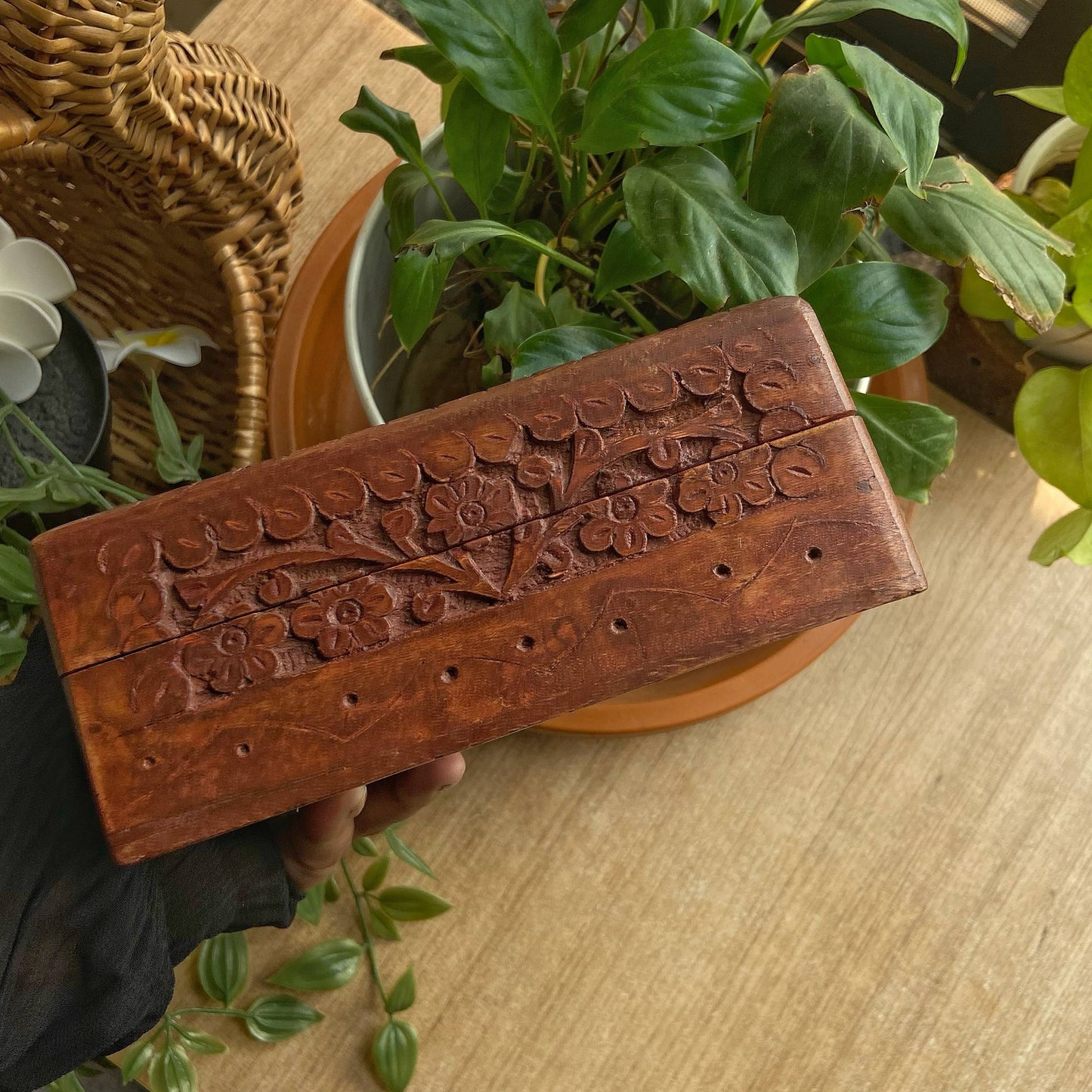 Triple Moon carved antique wooden box