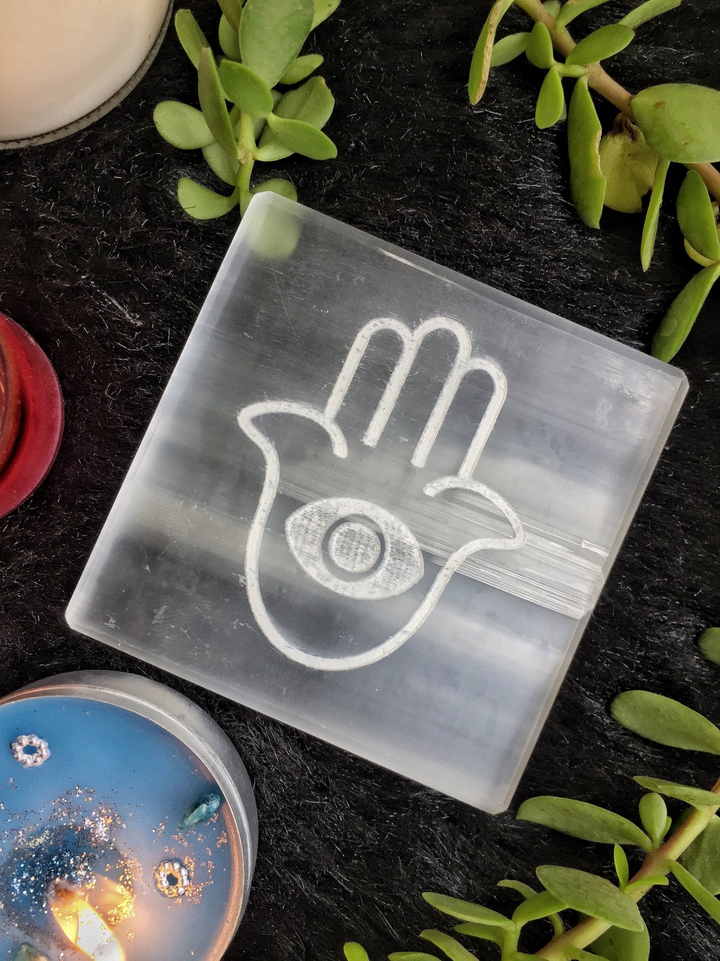 Selenite Charging Plate with the symbol of Hamsa | Selenite