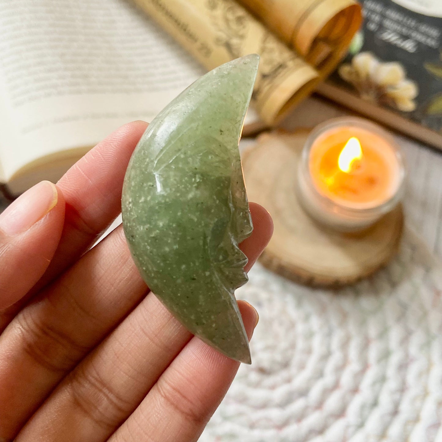 Green Aventurine Crescent Moon Carving | Stone of Abundance & Prosperity