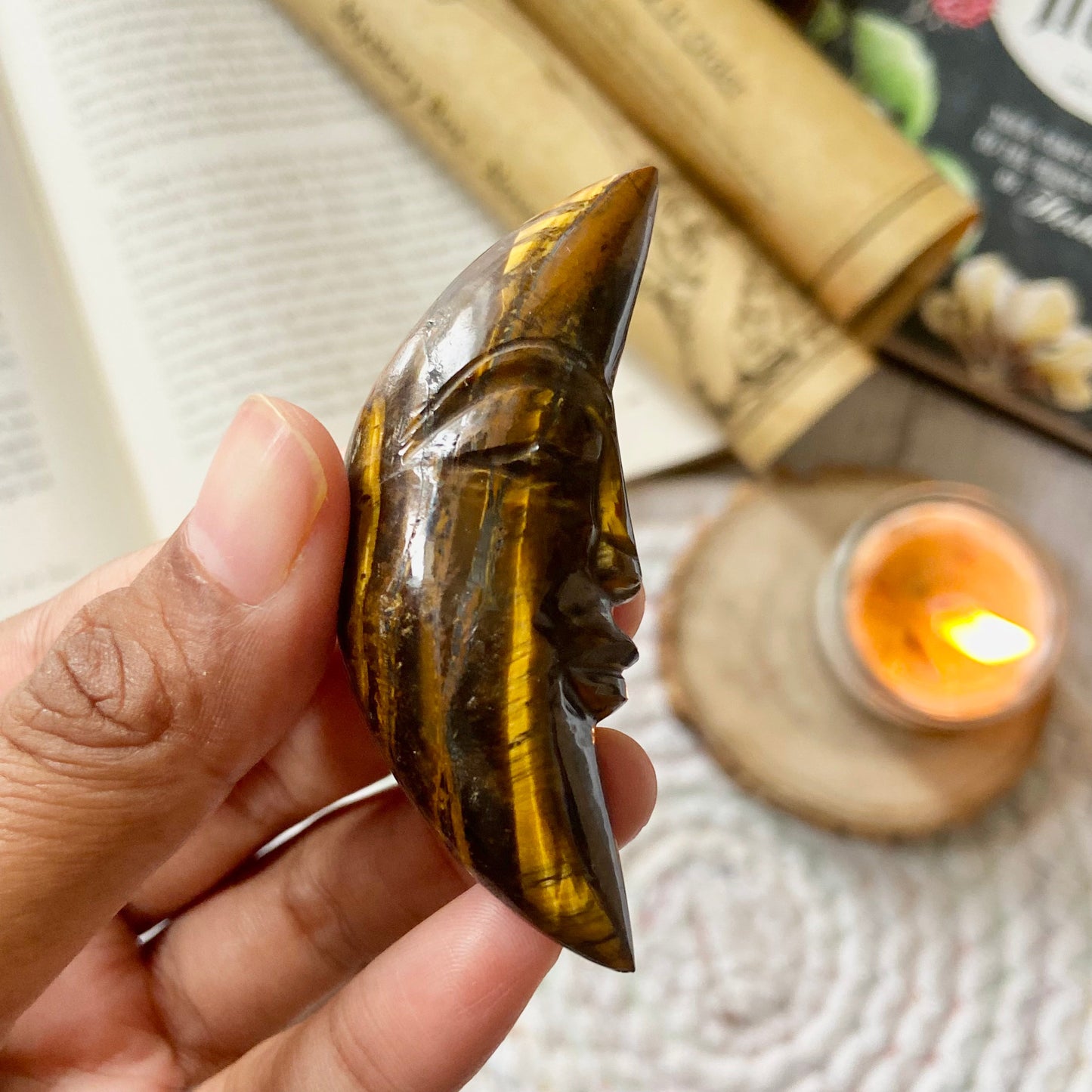 Tiger's eye Crescent Moon Carving | Wealth & Fortune