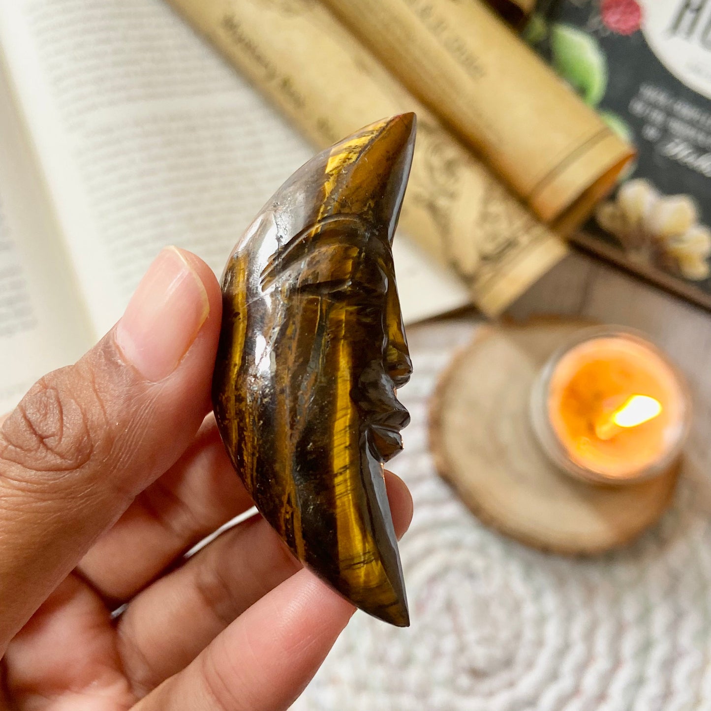 Tiger's eye Crescent Moon Carving | Wealth & Fortune