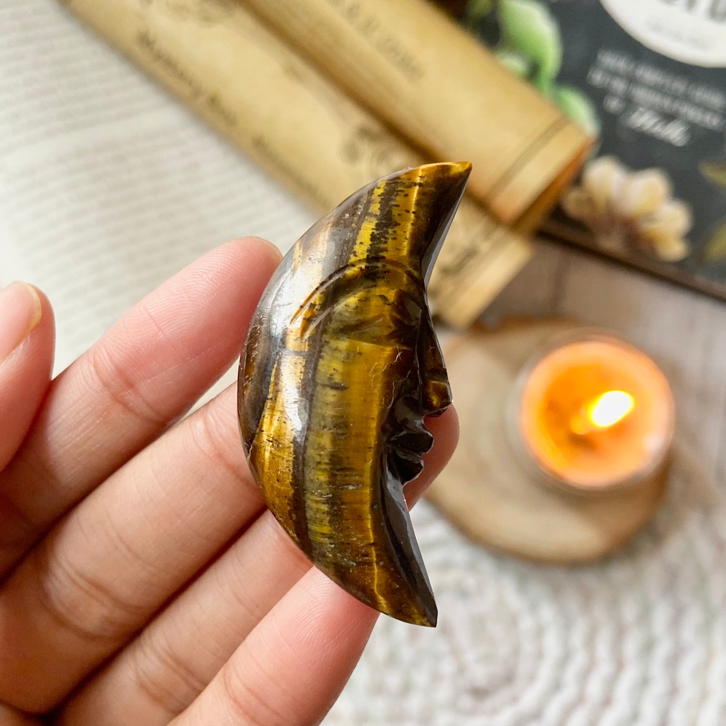 Tiger's eye Crescent Moon Carving | Wealth & Fortune