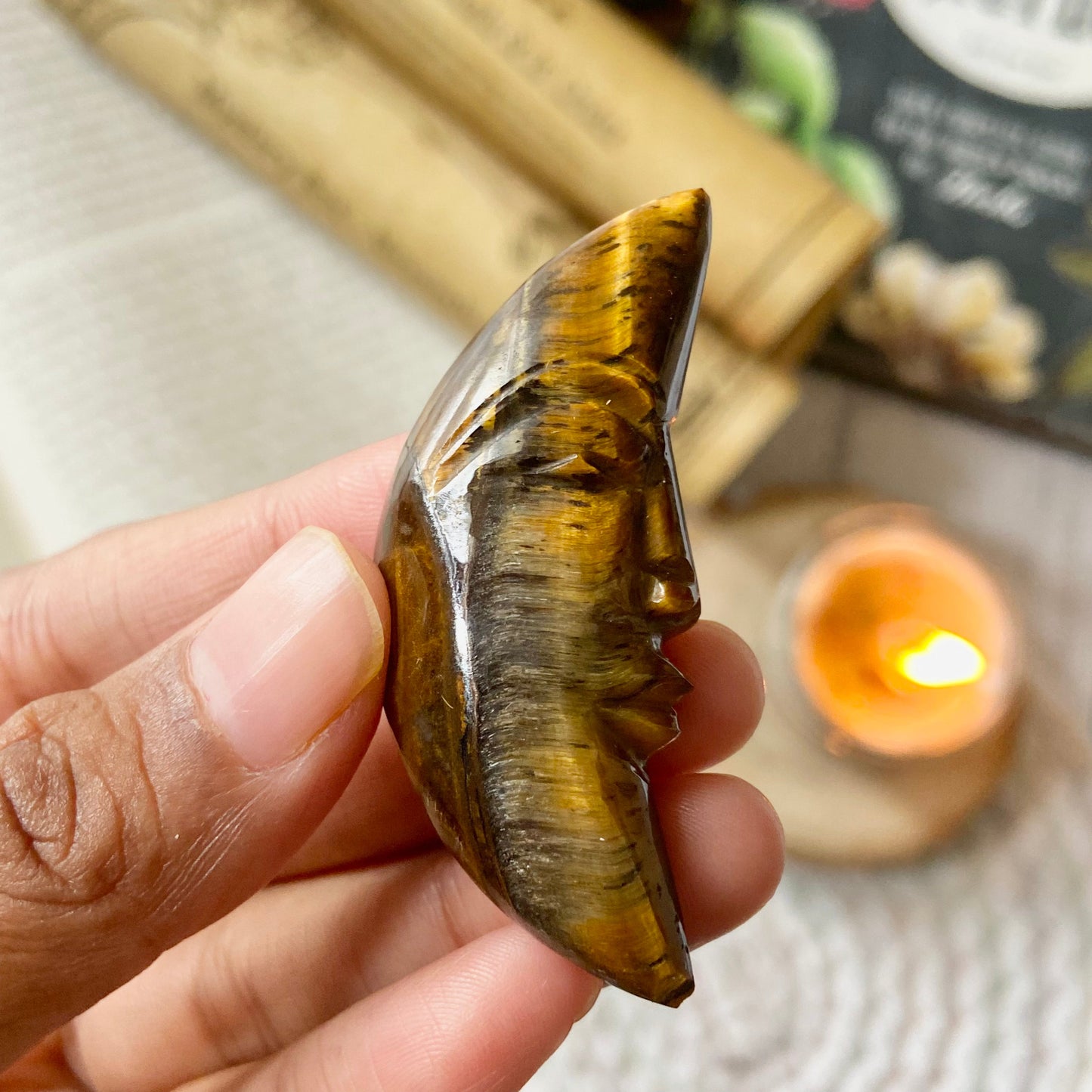 Tiger's eye Crescent Moon Carving | Wealth & Fortune