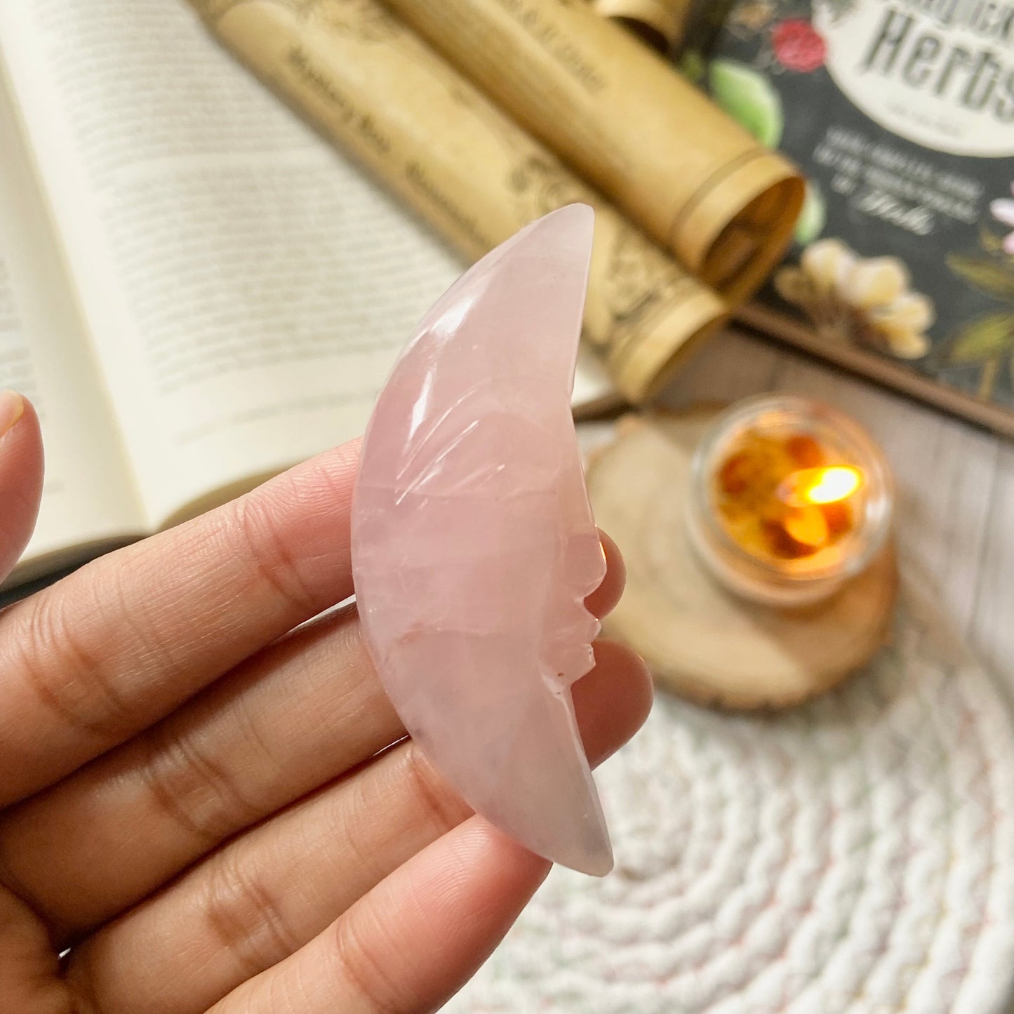 Rose Quartz Crescent Moon Crystal Carving | Stone of Love & Self Love