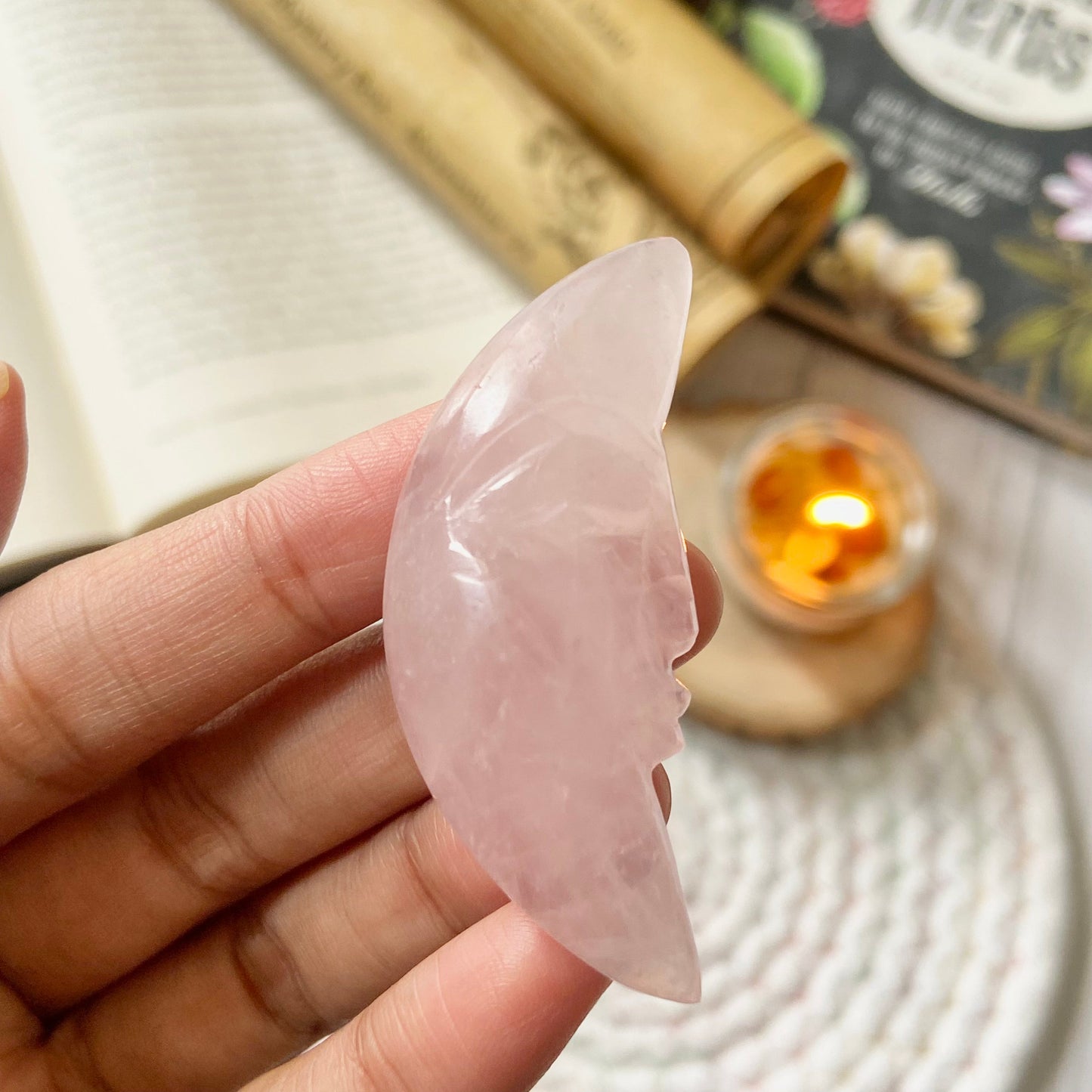 Rose Quartz Crescent Moon Crystal Carving | Stone of Love & Self Love