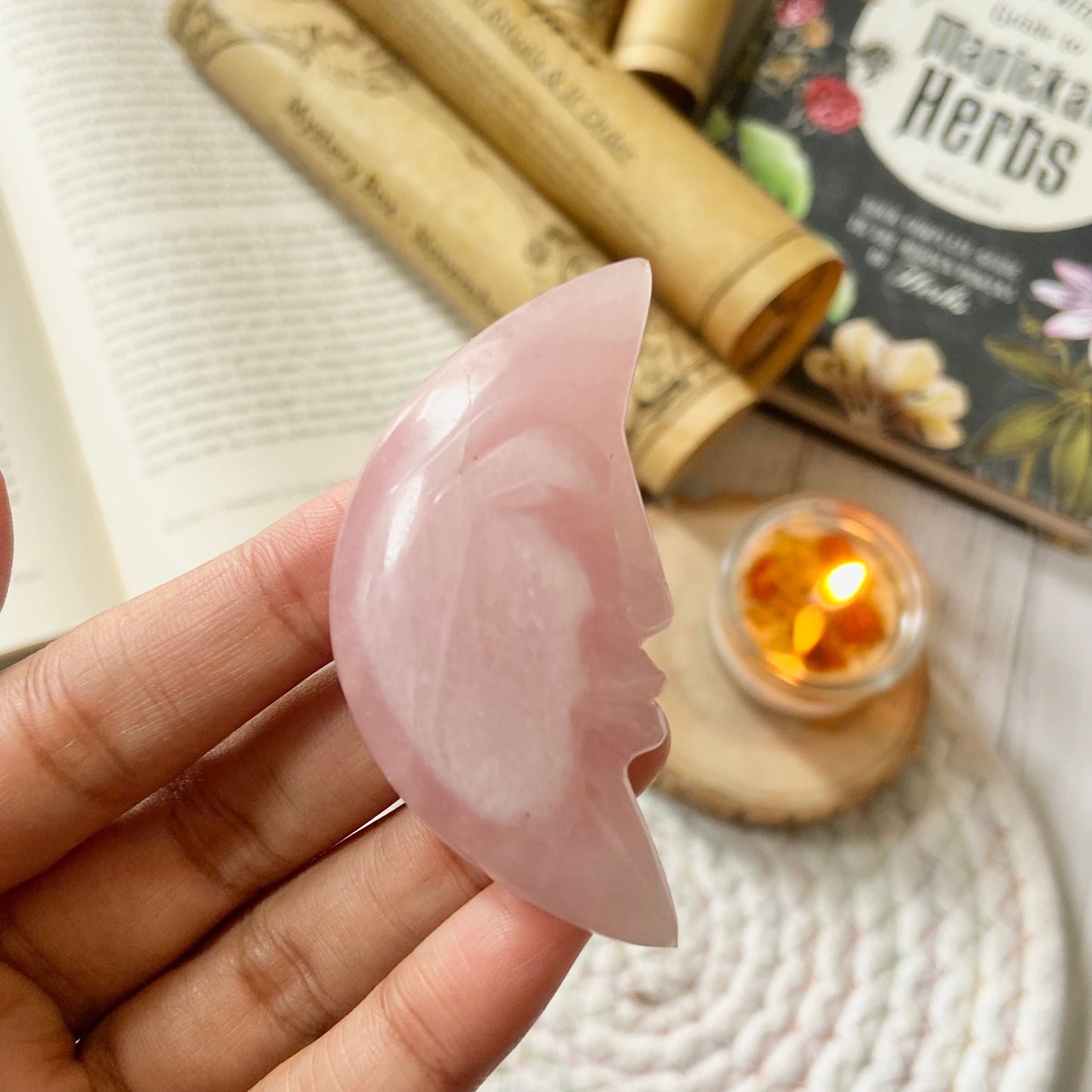 Rose Quartz Crescent Moon Crystal Carving | Stone of Love & Self Love