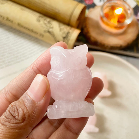 Rose Quartz Owl Crystal Carving | Stone of Love & Self Love