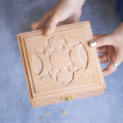 Triple moon phase carved wooden box | Altarware