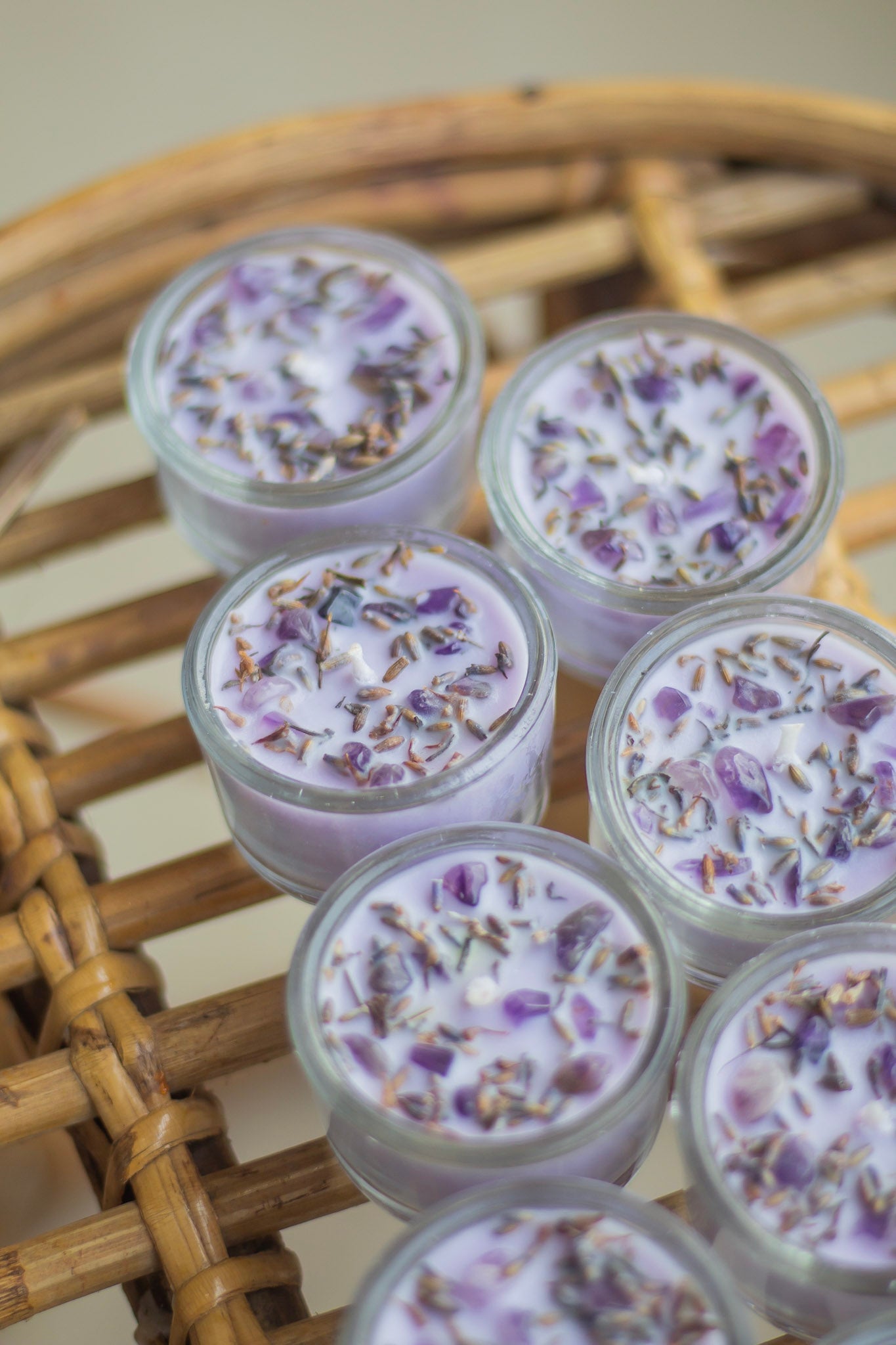 Lavender Buds + Amethyst + Lavender colour Scented Tealight Candle - Set of 8