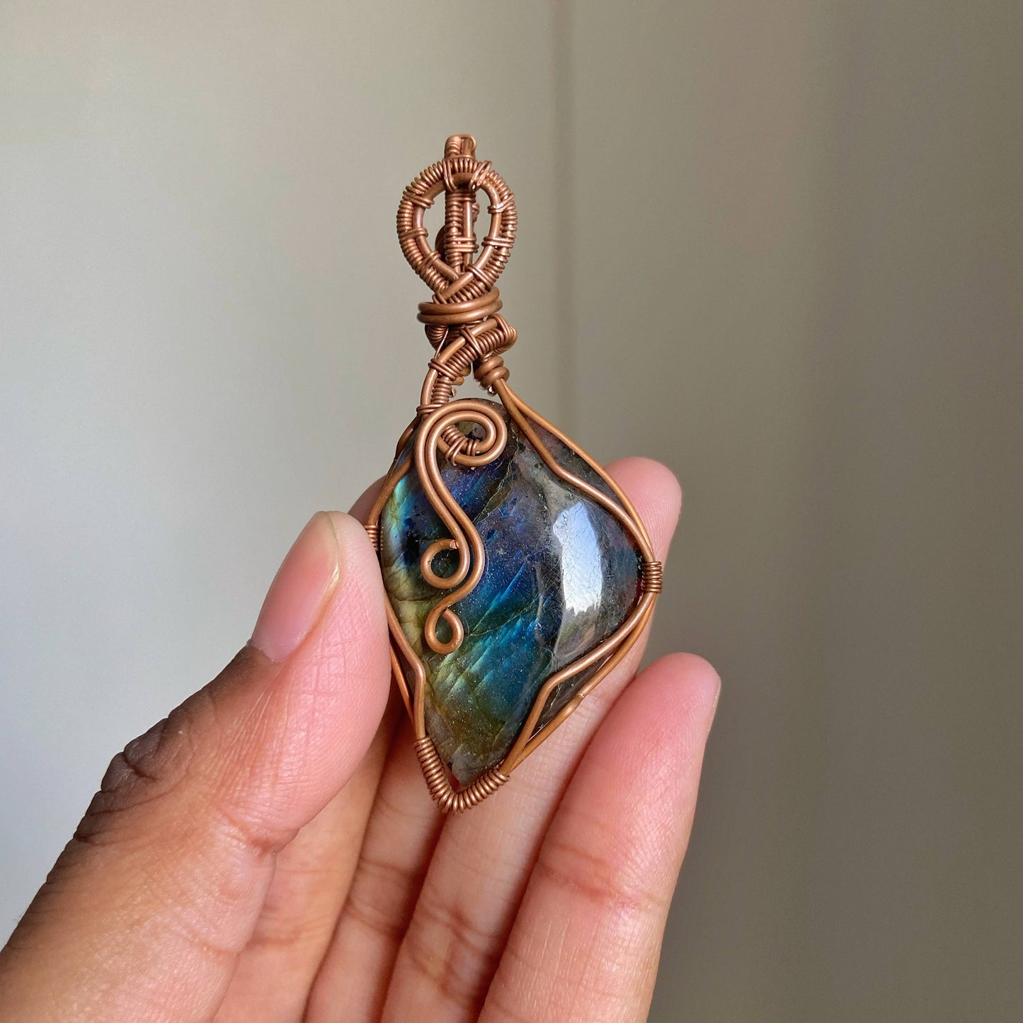 Labradorite Copper wire wrapped Pendant wit Cord