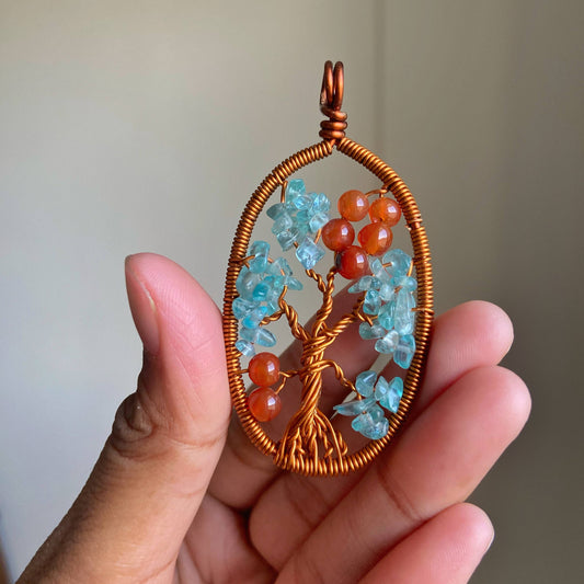 Orange Carnelian & Blue Apatite Copper Wire wrapped Pendant | Tree Life
