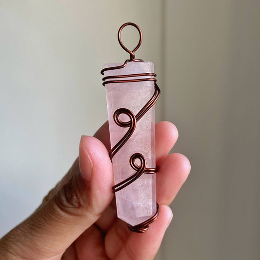 Rose Quartz Copper wire wrapped pendant with Cord | Promotes Love & Self-love