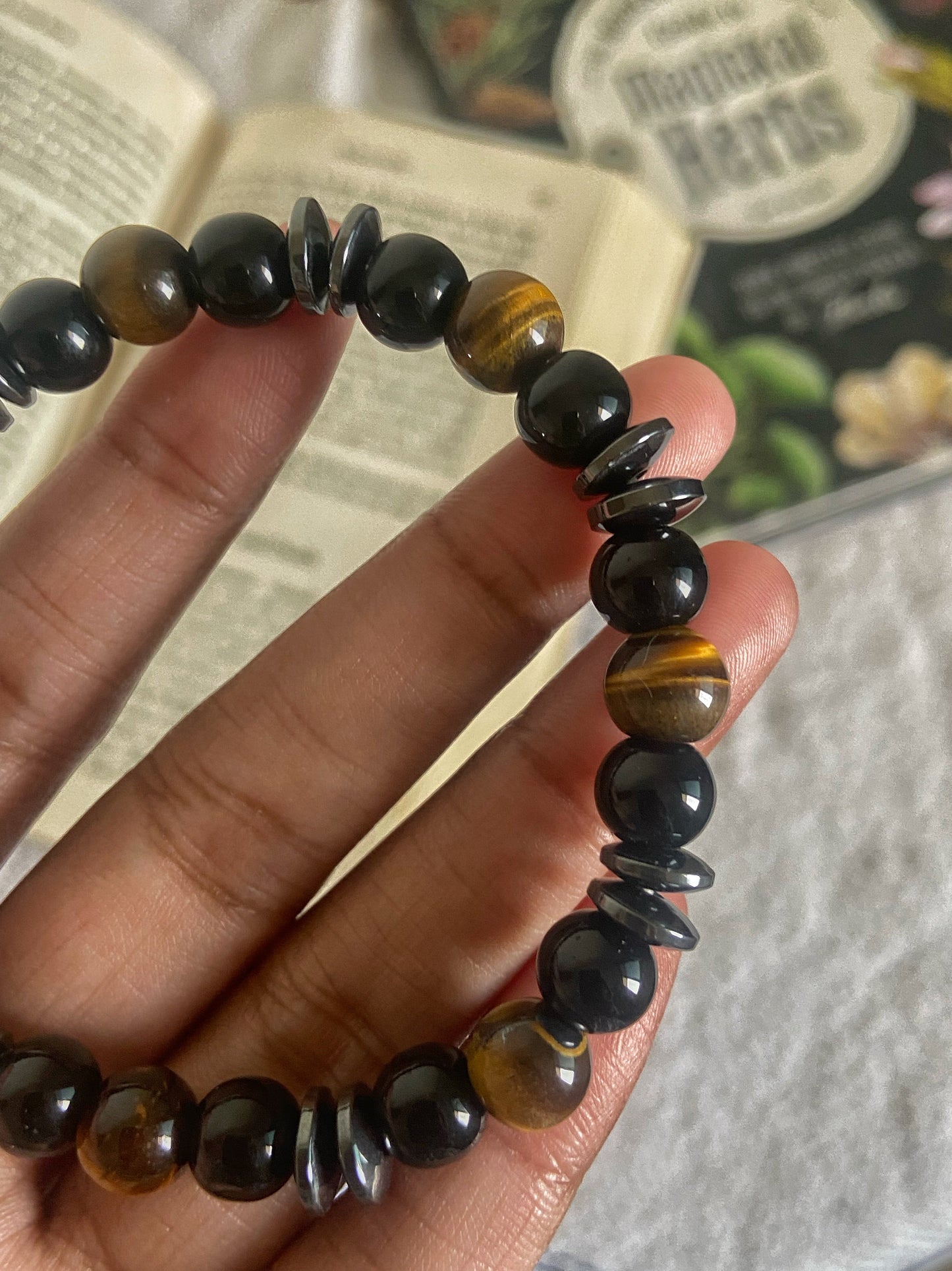 Protection & Grounding Bracelet | Combination of Hematite Chips, Tiger's eye and Black Obsidian