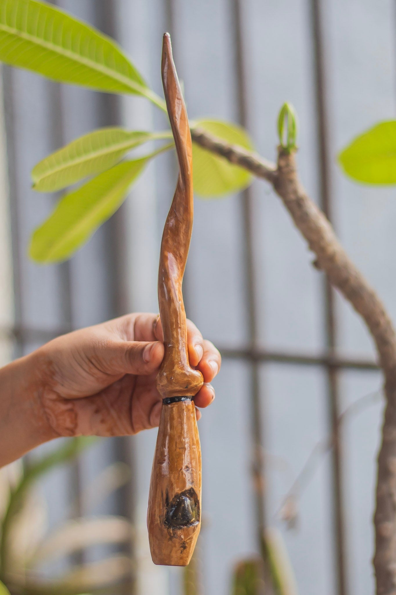 Pine wood Wand with Black Tourmaline crystal embedded - Handmade