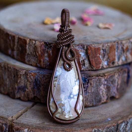 Ocean Jasper Copper Wire Wrapped Pendant with Cord | Emotional Healing & Inner Peace