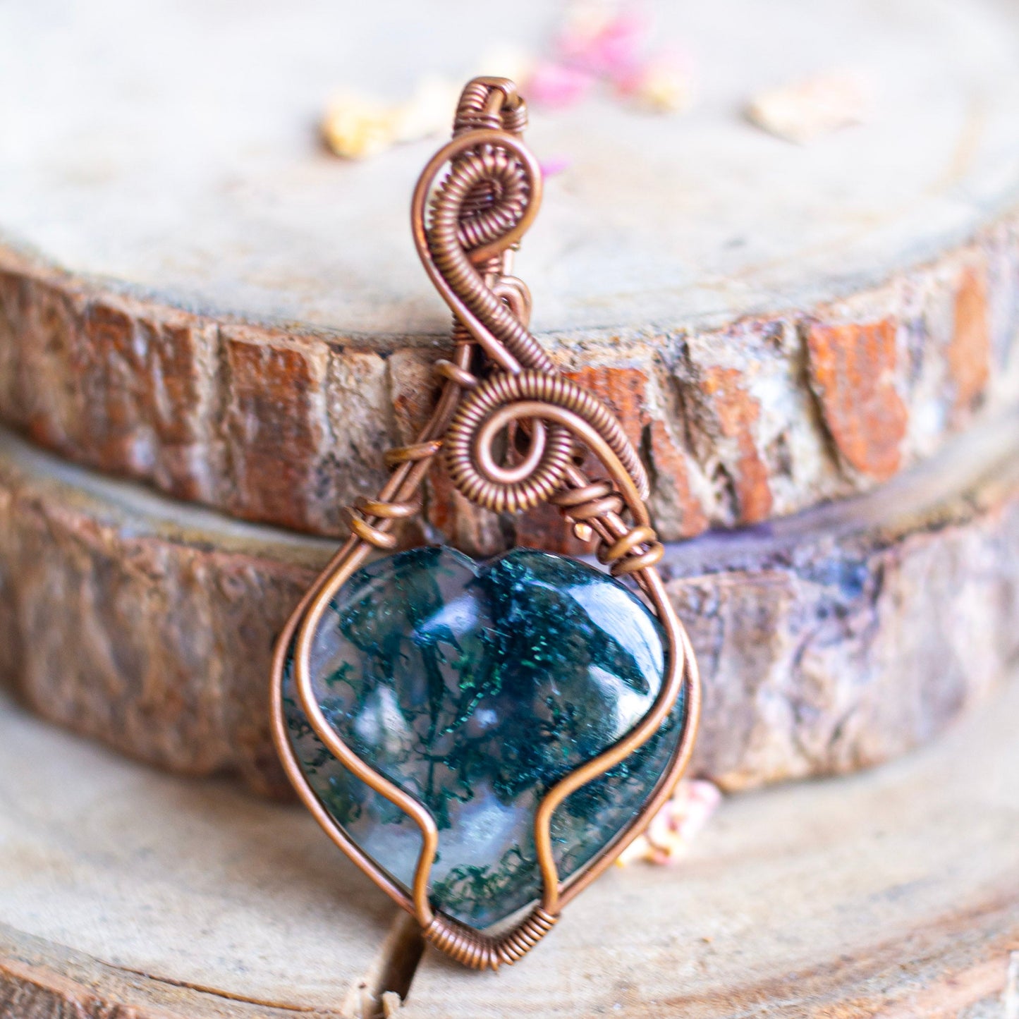 Moss Agate Copper wire wrapped Pendant with Cord | Stone of wealth, attracting abundance