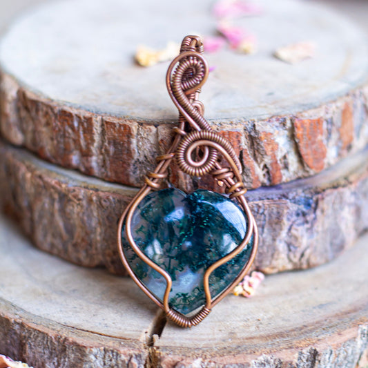 Moss Agate Copper wire wrapped Pendant with Cord | Stone of wealth, attracting abundance