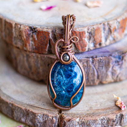 Blue Apatitite with Pyrite wire wrapped Pendant with Cord | Manifesting & Personal Growth