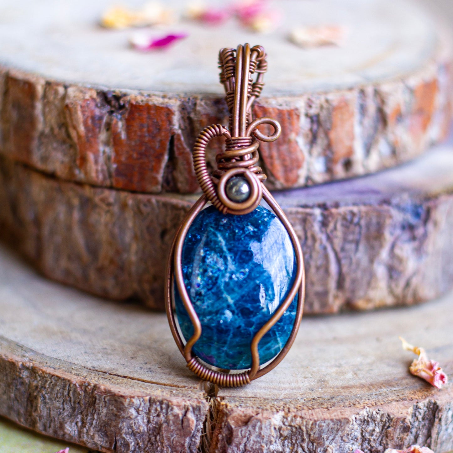 Blue Apatitite with Pyrite wire wrapped Pendant with Cord | Manifesting & Personal Growth