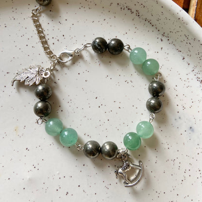 Bracelet associated with Prosperity & Confidence | Pyrite & Green aventurine with Charms