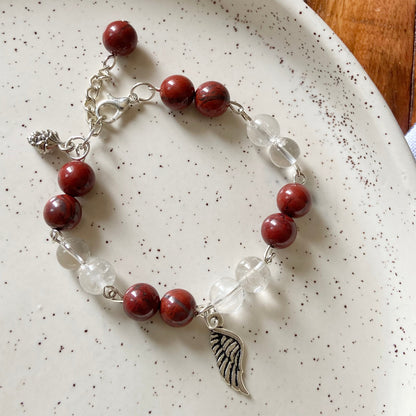 Bracelet associated with Clarity & Well-being | Red Jasper & Clear Quartz with Angel wing Charm