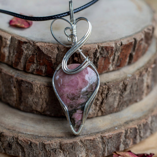 Rhodonite Wire Wrapper Pendant with Black Cord Attract Love in general & Promotes inner Peace