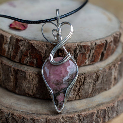 Rhodonite Wire Wrapper Pendant with Black Cord Attract Love in general & Promotes inner Peace