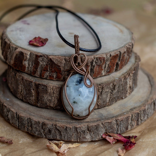 Rainbow Moonstone Copper Wire wrapped Pendant with Cord | Balances feeling & promotes mental peace