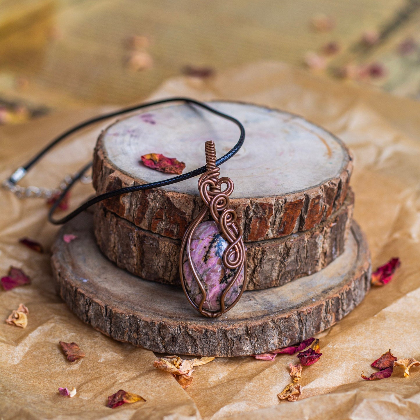 Rhodonite Copper Wire Wrapper Pendant with Black Cord Attract Love in general & Promotes inner Peace