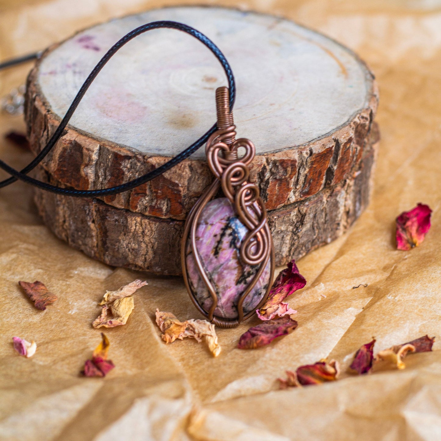 Rhodonite Copper Wire Wrapper Pendant with Black Cord Attract Love in general & Promotes inner Peace