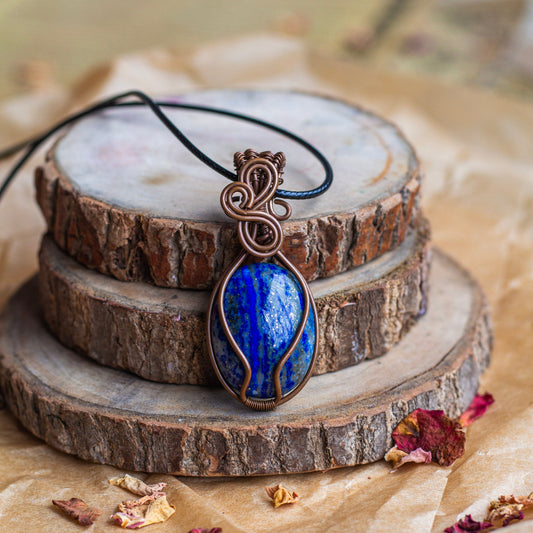 Lapis Lazuli Copper Wire Wrapped Pendant with Black Cord | Expression & Communication