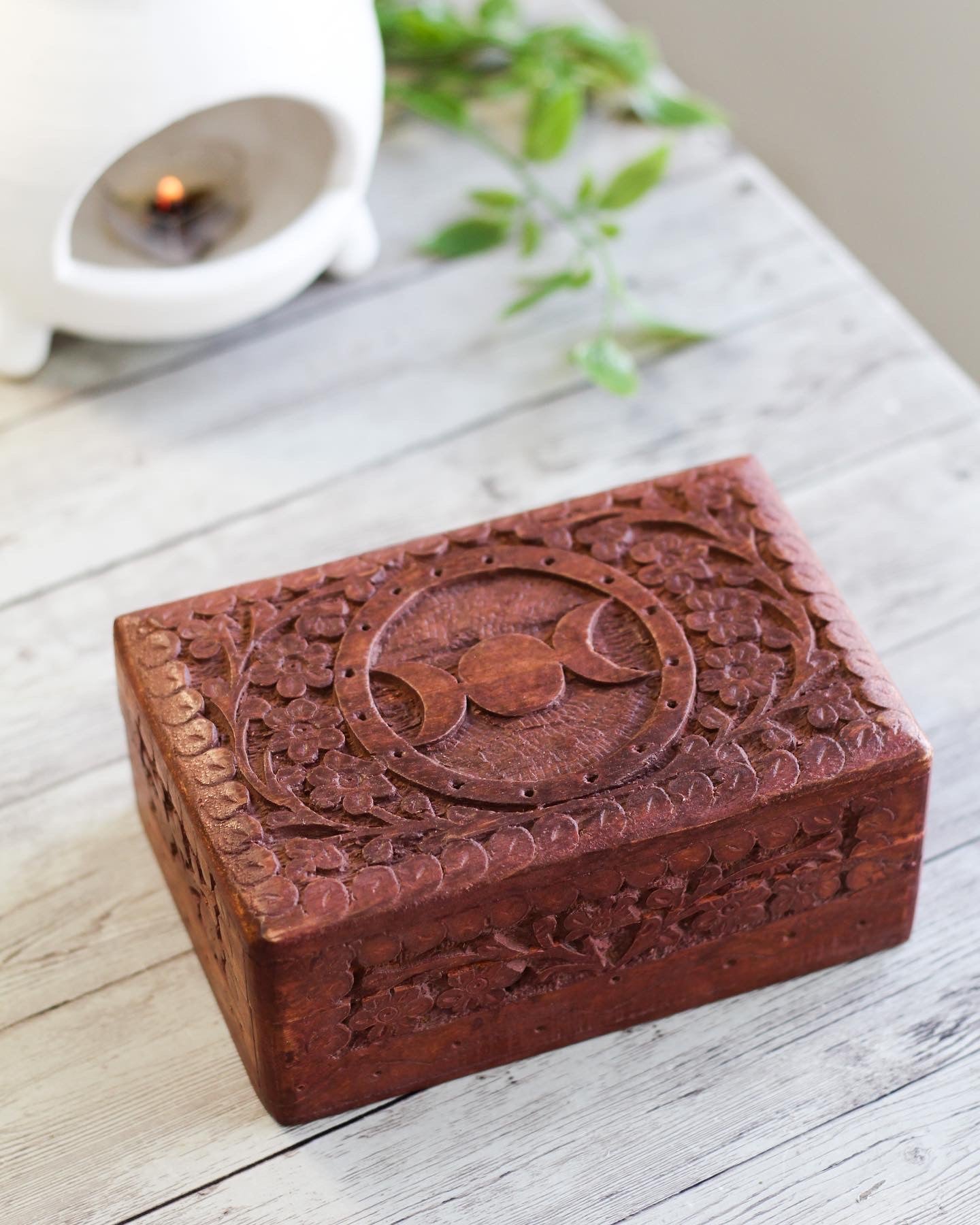 Triple Moon Carved Wooden Box