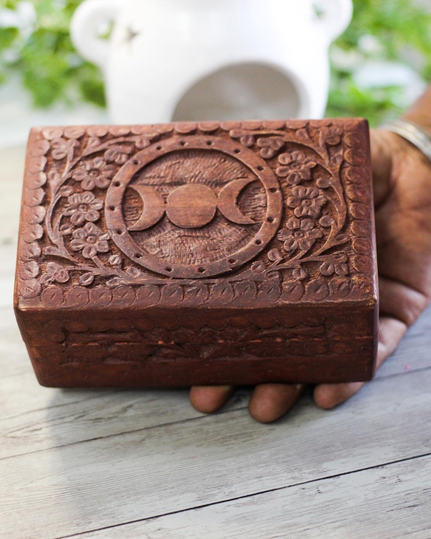 Triple Moon Carved Wooden Box