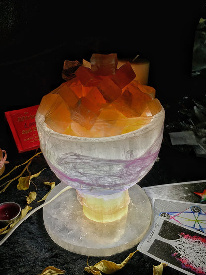 Selenite Fire Lamp | Selenite Bowl Lamp filled with Orange Selenite Rock |- 1 Piece