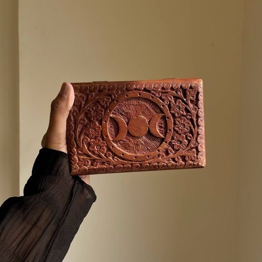 Triple Moon carved antique wooden box