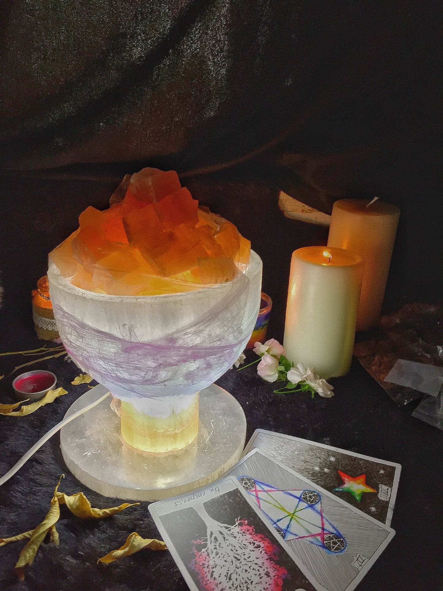 Selenite Fire Lamp | Selenite Bowl Lamp filled with Orange Selenite Rock |- 1 Piece