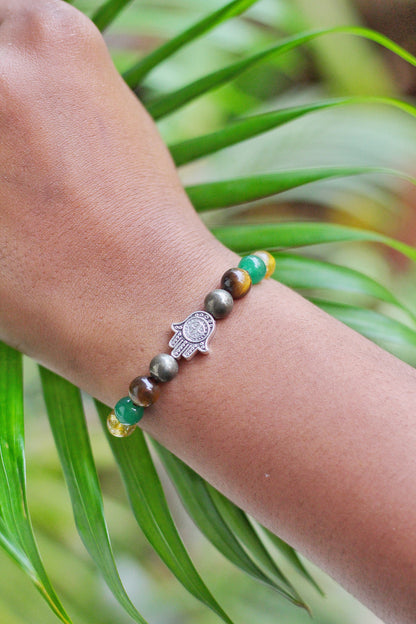 Citrine + Green Aventurine + Tiger Eye + Hematite Rakhi with Hamsa Charm