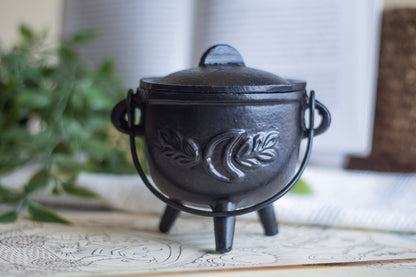 Cast Iron Leaf Carved Cauldron