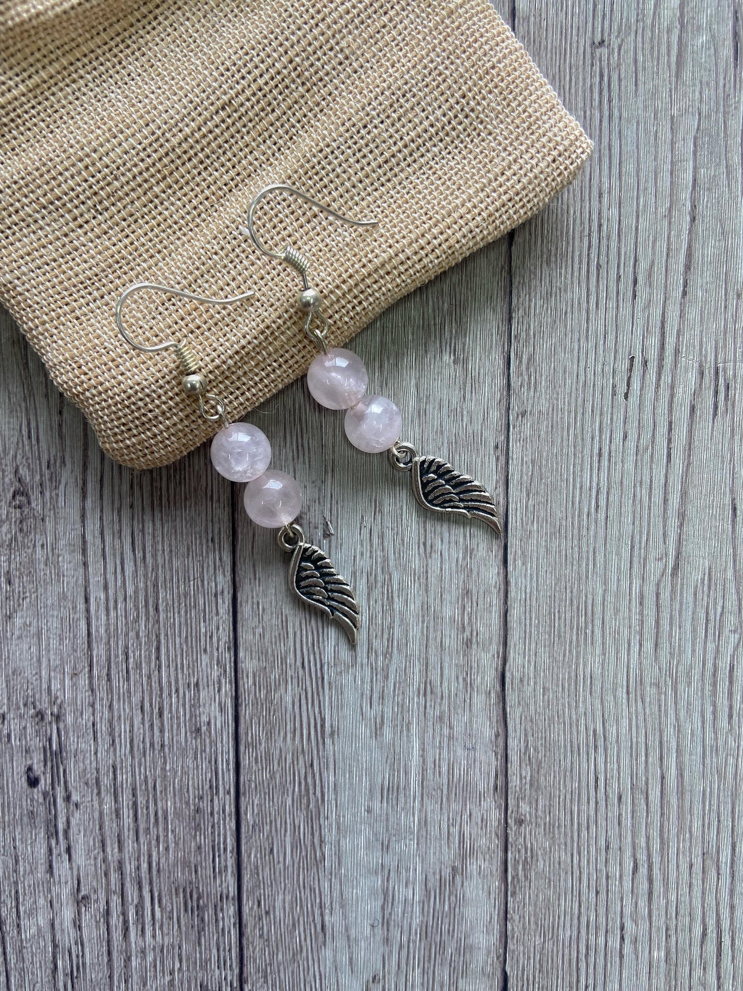 Rose Quartz Bead Earring + Angel wing Charm