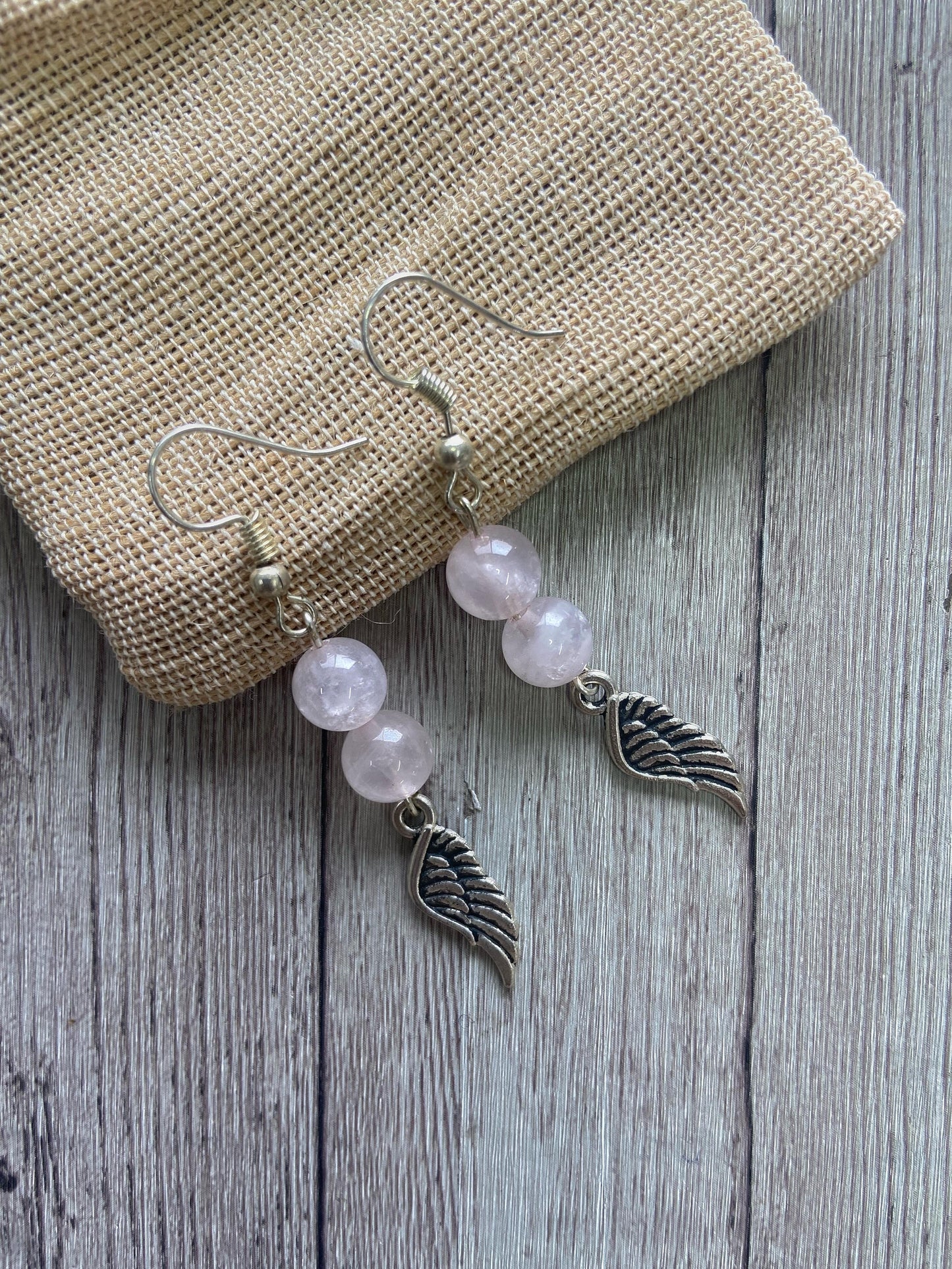 Rose Quartz Bead Earring + Angel wing Charm