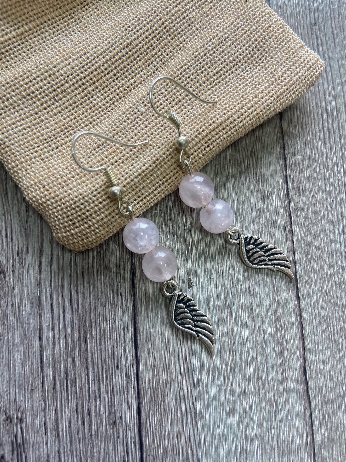 Rose Quartz Bead Earring + Angel wing Charm