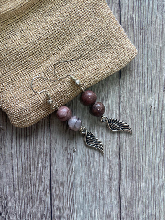 Rhodonite Bead Earring + Angel wing Charm