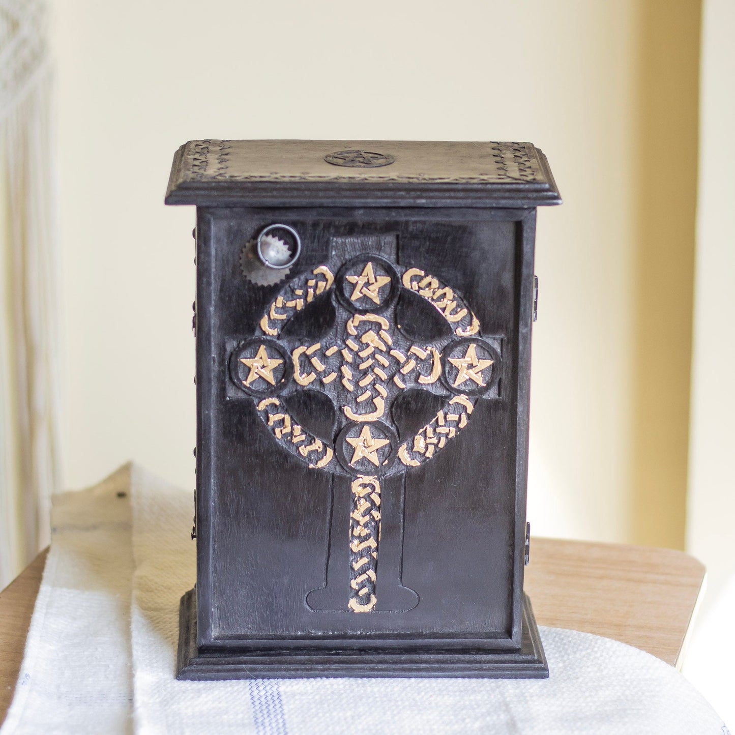 Black wooden Altar Chest | Celtic Knot | Cross | Pentacle