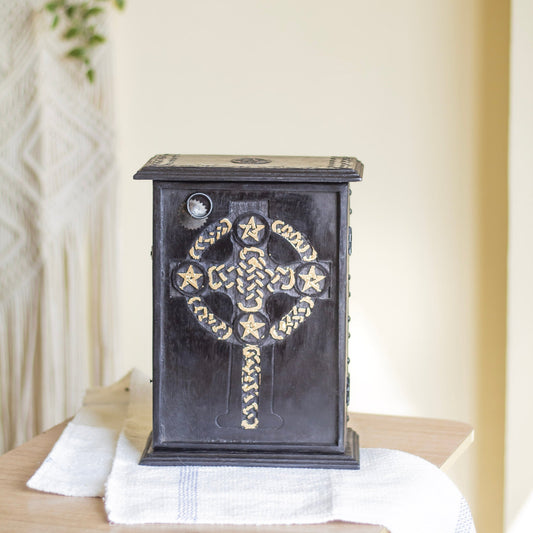 Black wooden Altar Chest | Celtic Knot | Cross | Pentacle