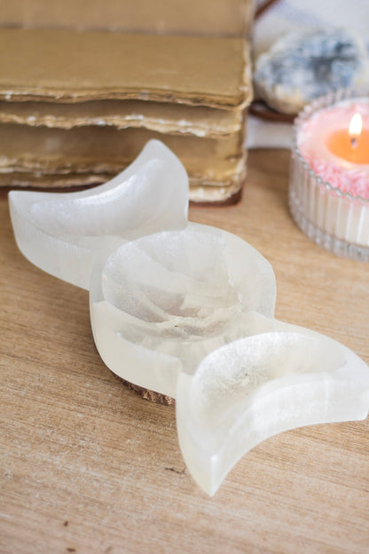 Huge Triple Moon Carved Selenite Bowl