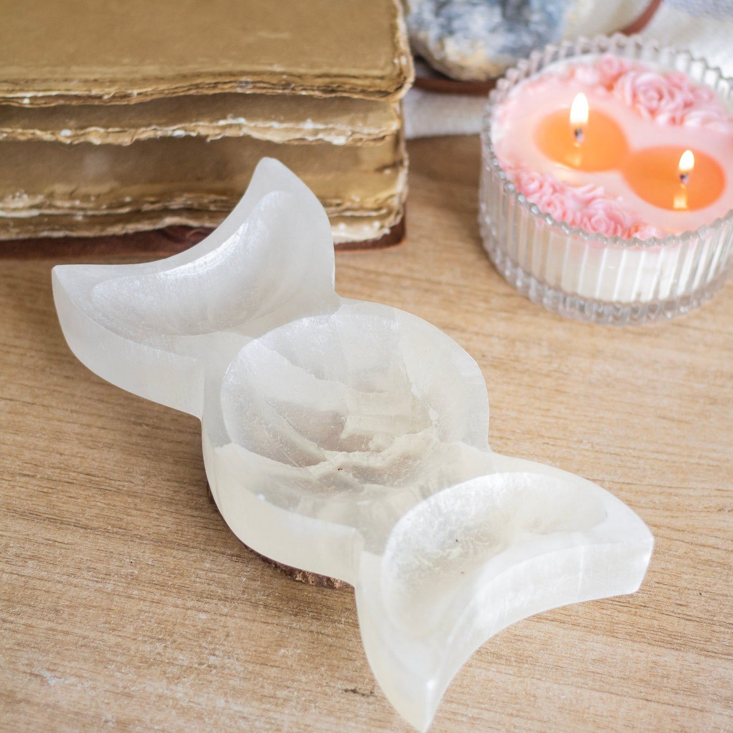 Huge Triple Moon Carved Selenite Bowl