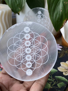 Flower of life with seven chakra symbol Carved Selenite Plate