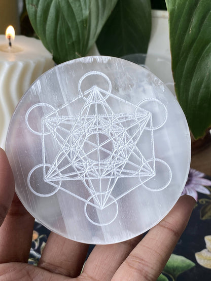 Metatron Cube Symbol Carved Selenite Plate