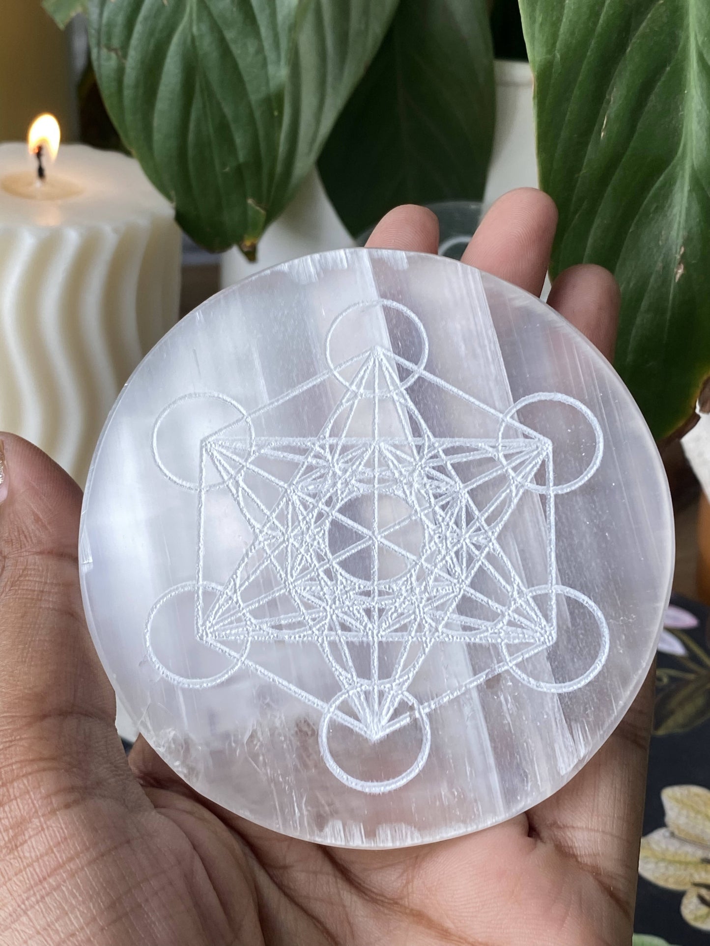 Metatron Cube Symbol Carved Selenite Plate