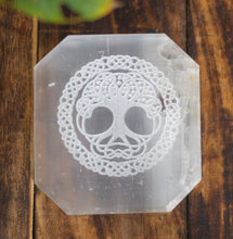 Load image into Gallery viewer, Tree of life symbol carved Selenite Plate
